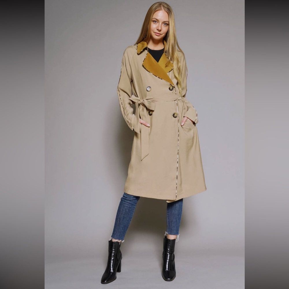 NWT Mystree Trench Coat Khaki Mustard Belted Pockets Flowing Detailed Piping - Picture 1 of 13